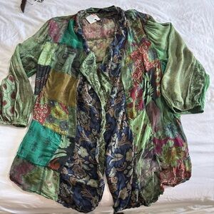 Patchwork Kantha olive green, blue, red flowy lightweight boho cardigan